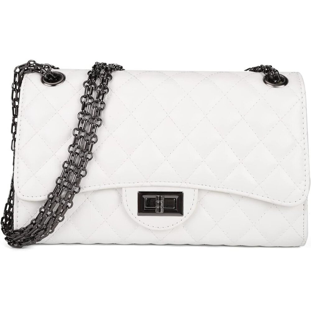 Women White PU Quilted Stylish Crossbody Bag with Chain Strap & Flap Closure